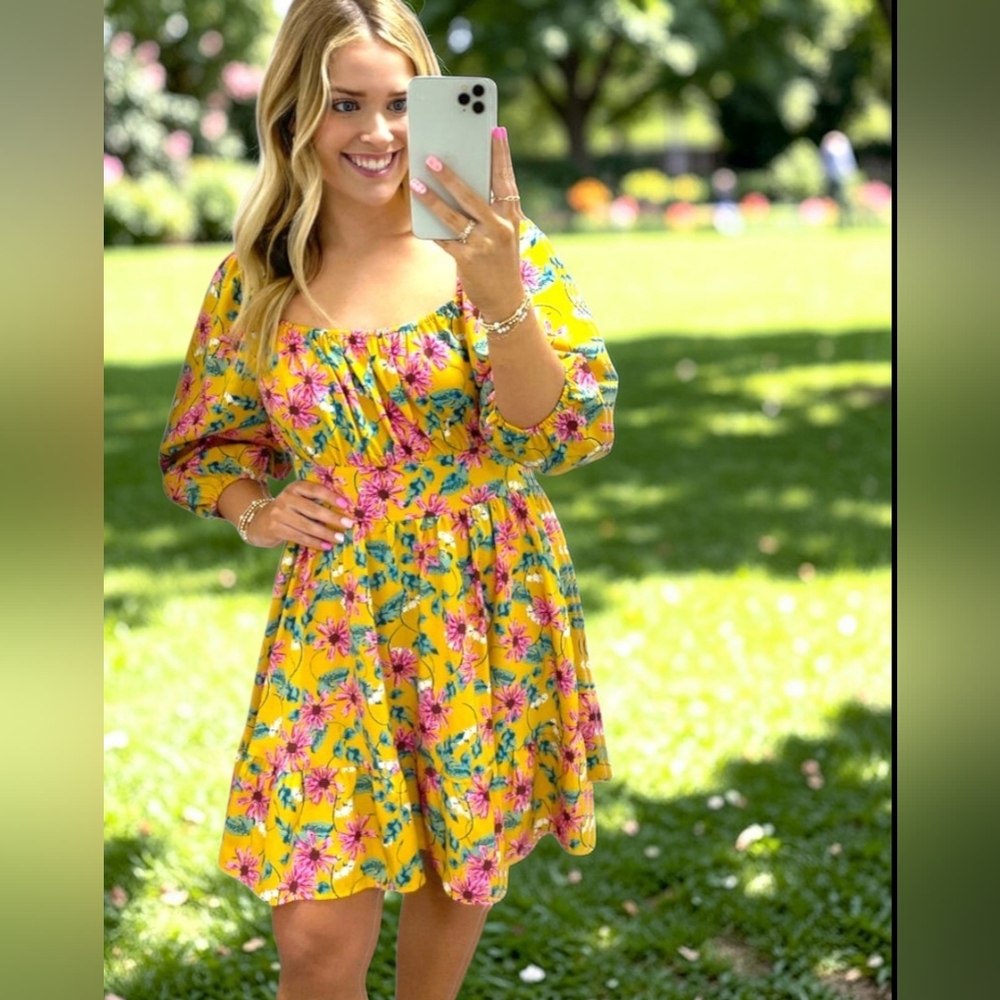 umgee Yellow Multifloral Puff Sleeve Square Neck Open Tie Back Mini Dress Sz LG